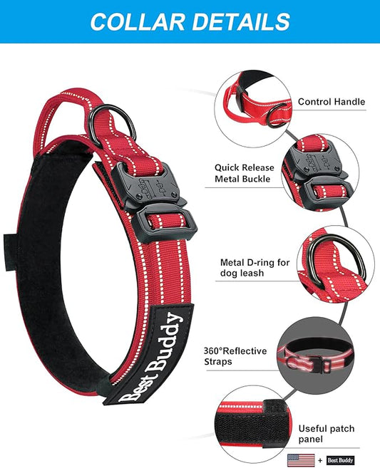 AUBELL Tactical Dog Collar and Leash Set, Adjustable Military Nylon Reflective Dog Leash and Collar with Handle and Heavy Metal Buckle for Medium Large Dogs, with Airtag Holder and 2 Patches (Red, M)