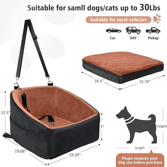 Dog Car Seat for Small Medium Dogs,Detachable Washable Dog Booster Seat Under 30lbs, Pet Car Seat Travel Bed with Storage Pockets and Dog Safety Bel(Black/Z)