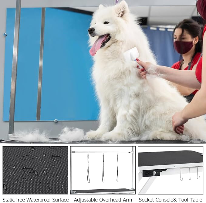 47โ Electric Lift Dog Grooming Table (White), Heavy Duty Electric Grooming Arm Table for Pets & Large Dogs Adjustable Height: 9.4"-39.4" Non-slip Desktop with Gantry Crane Set, Fixture *4 Noose*2