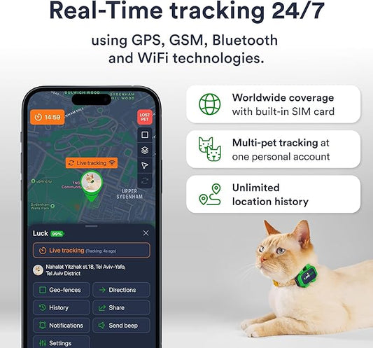 Cat GPS Tracker – Smallest Waterproof Pet Tracking Device with App, Real-Time Location, Smart Alerts & Geo-Fence, Long-Life Battery, Collar-Compatible – iOS & Android (4-Mo Subscription Included)