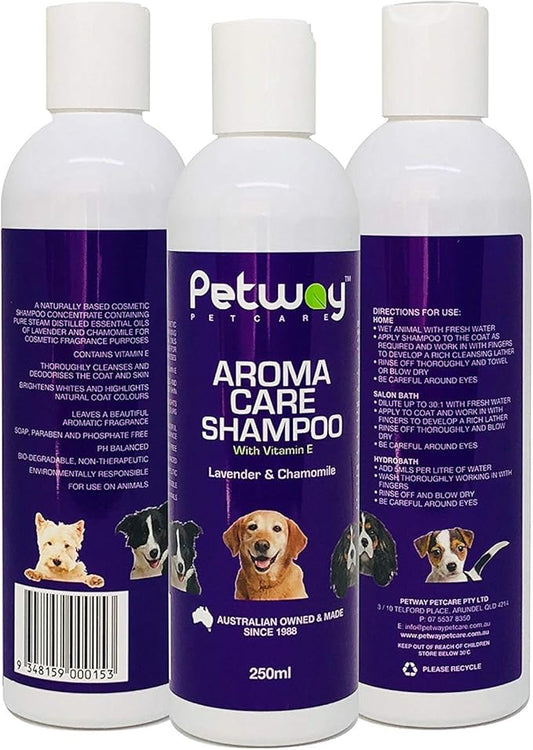 Petcare Dog Shampoo, Aroma Care Pet Hair Shampoo with Lavender, Chamomile & Vitamin E for Natural Coat & Skin Conditioning, Safe for Small Pets, Free of Phosphates, Parabens & Enzymes, 250ml