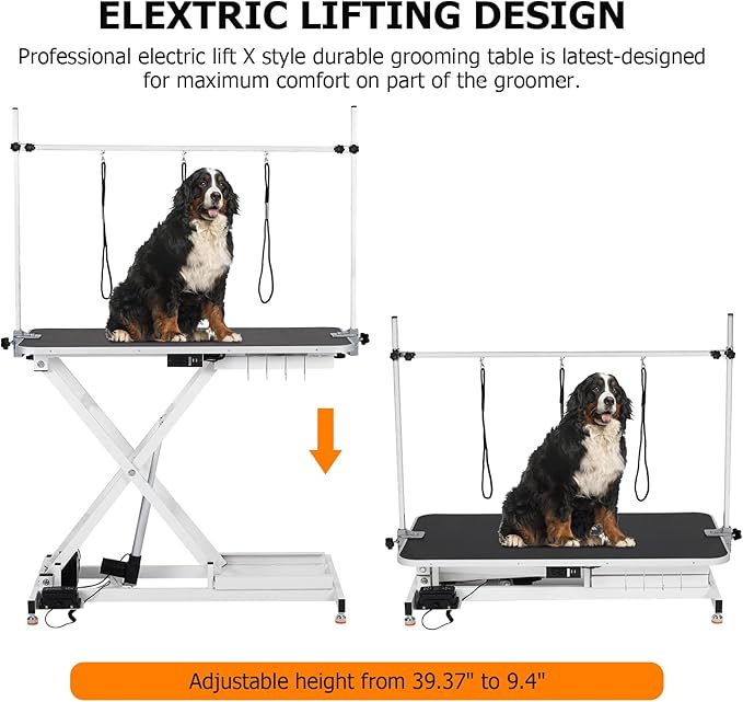 47โ Electric Lift Dog Grooming Table (White), Heavy Duty Electric Grooming Arm Table for Pets & Large Dogs Adjustable Height: 9.4"-39.4" Non-slip Desktop with Gantry Crane Set, Fixture *4 Noose*2