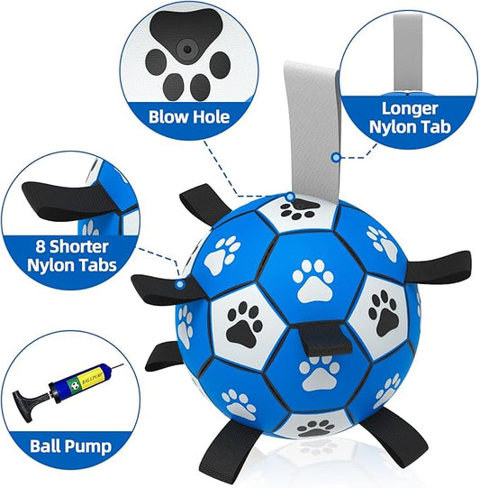 QDAN Dog Ropes Toys Soccer Ball with Straps, Interactive Dog Toys for Tug of War, Puppy Birthday Gifts, Dog Tug Toy, Dog Water Toy, Durable Dog Balls for Small & Medium Dogs-Blue&Grey(6 Inch)