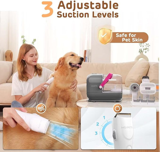 Dog Grooming Vacuum Kit - 3L Vacuum with 7 Tools, Low Noise Electric Clipper and Brush for Pet Shedding at Home, Gray