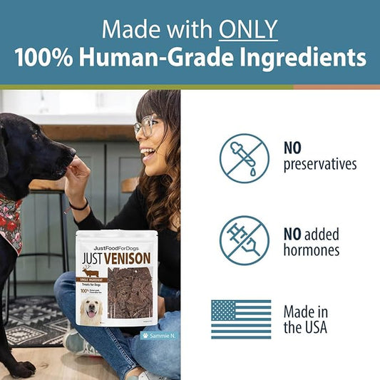 JustFoodForDogs Venison Dog Treats, Single-Ingredient Healthy Dog Treats, Made in The USA, 5 oz