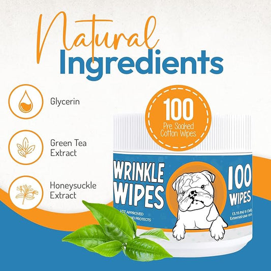 Bulldog Wrinkle Wipes for Dogs – Deodorizing & Soothing with Honeysuckle Extract – Non-Irritating, Cleans Wrinkles, Folds, Paws & Tail Pockets – for Bulldogs, Pugs & Frenchies (2 Packs of 100 Count)