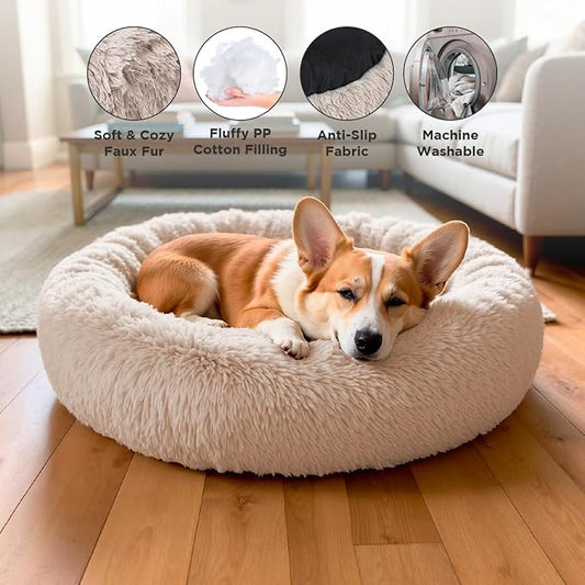 Medium Donut Dog Bed, Calming Dog Bed Washable Ideal for Small to Large Dogs and Cats & Round Dog Bed,Anti-Anxiety Multiple Sizes (Beige, Combo Large (37.5" L x 37.5" W x 8.5" Th))