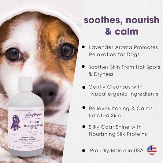 Lavender Shampoo Spa Essentials Nourishing Dog Body Wash 16 oz by Shiny Paw | Anti Itch Shampoo for Dogs | Dog Bath Coat Cleansing for Dogs | Made in The USA