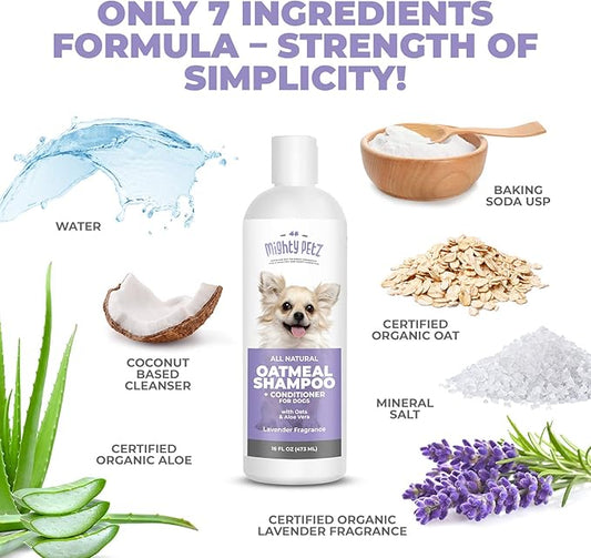 Mighty Petz 2-in-1 Oatmeal Dog Shampoo and Conditioner – 16 oz Natural Support for Allergies, Itchy Sensitive Skin. Moisturizing & pH Balanced for Dogs with Oatmeal and Aloe Vera