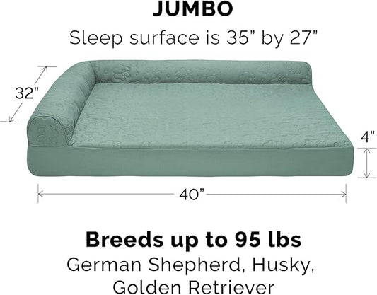 Furhaven Orthopedic Dog Bed for Large Dogs w/ Removable Bolsters & Washable Cover, For Dogs Up to 95 lbs - Pinsonic Quilted Paw L Shaped Chaise - Iceberg Green, Jumbo/XL
