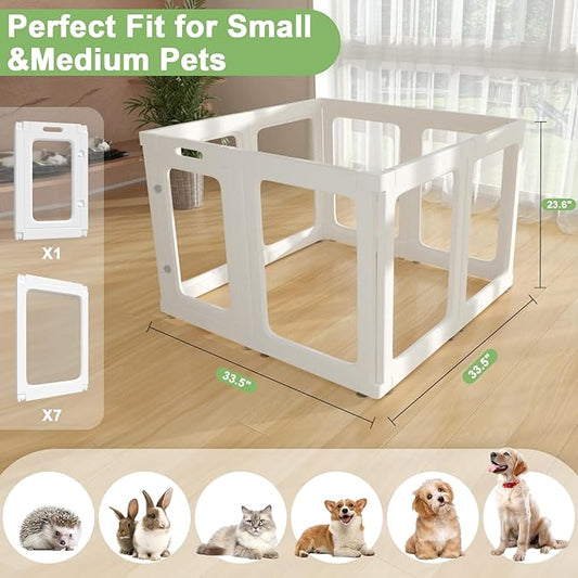 Acrylic Small Dog Playpen with Door, Clear Pet Play Pen Indoor, Easy Assemble Puppy Fence for Kitten Rabbit Small Animals, Plastic Bunny Kennel Cage Play Yard Portable Outdoor, White 8PCS