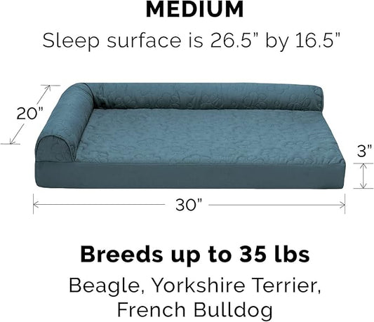 Furhaven Orthopedic Dog Bed for Medium/Small Dogs w/ Removable Bolsters & Washable Cover, For Dogs Up to 35 lbs - Pinsonic Quilted Paw L Shaped Chaise - Bluestone, Medium