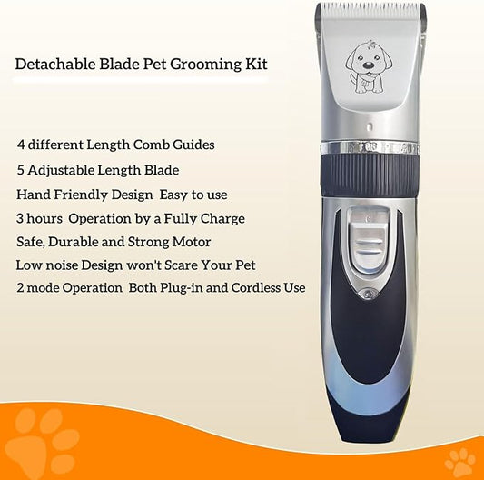 Dog Clippers Cat Clippers for Grooming Low Noise, Rechargeable, Cordless, Pet Shaver for Matted Hair, Quiet Animal Trimmer Pet Hair Thick Coats, for Dogs, Cats, Rabbits (Gray)