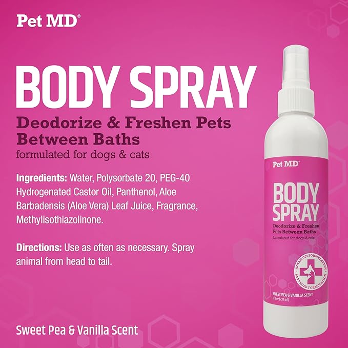 Pet MD Body Spray for Dogs & Cats, Deodorizing Dog Perfume Eliminates Odor, Long-Lasting Pet Cologne Spray for Dogs, Sweet Pea & Vanilla Scent