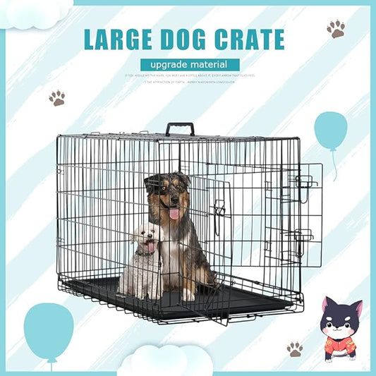 Dog Crate Cage Kennel for Large Medium Dogs Pet Puppy Playpen Wire Animal Metal Folding Travel Divider Double-Door Handle Plastic Tray Indoor Outdoor Double Lock Black Rabbit 24 30 36 42 48 inches