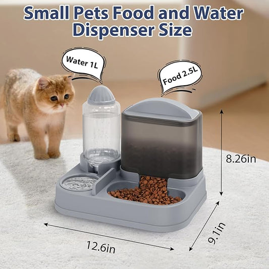 Yummy Sam Automatic Cat Feeder and Water Dispenser, 2 in 1 Large Capacity Gravity Small Pet Auto 2.5L Pet Feeder and 1L Waterer Set Feeder Dish for Small Medium Pets Dog Puppy Kitten (Grey Black)