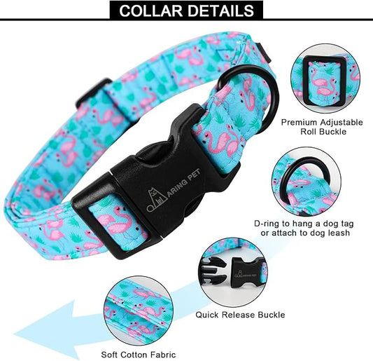 ARING PET Flamingo Dog Collar-Cute Cotton Small Dog Collars, Adjustable Lightweight Summer Pet Collars for Small Medium Large Boy and Girl Dogs, Large