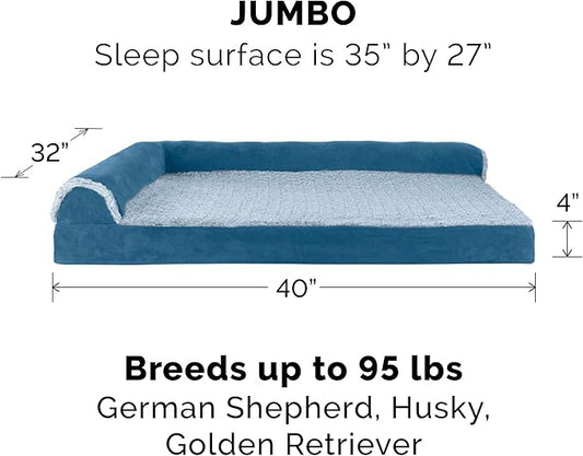 Furhaven Orthopedic Dog Bed for Large Dogs w/ Removable Bolsters & Washable Cover, For Dogs Up to 95 lbs - Two-Tone Plush Faux Fur & Suede L Shaped Chaise - Marine Blue, Jumbo/XL