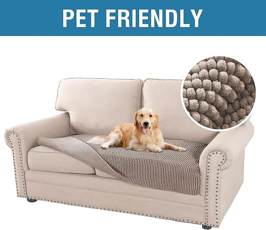 H.VERSAILTEX Plush Chenille Dog Bed Cover Thick Soft Loveseat Cover for 2 Cushion Couch Anti Slip Couch Cover Furniture Protector for Dog, Pet, Cat (35" x 62", Sand)