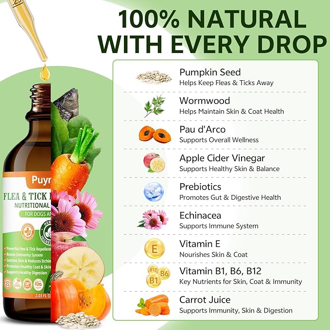Natural Flea and Tick Prevention for Dogs, 60ML Herbal Formula with Multivitamins, Pumpkin Seed, Flea and Tick Treatment Supplement Drops for Dogs & Puppies - Supports Immunity, Skin & Coat Support