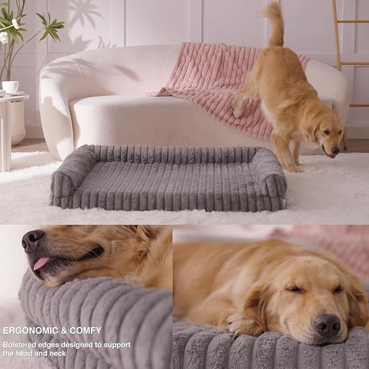 Thick Orthopedic Cat Sofa for Large Cats, Waterproof Supportive Foam Dog Sofa Bed with Washable Cover, Faux Fur Comfy Bolster Couch Pet Beds with Nonskid Bottom (Grey, 30"x22")
