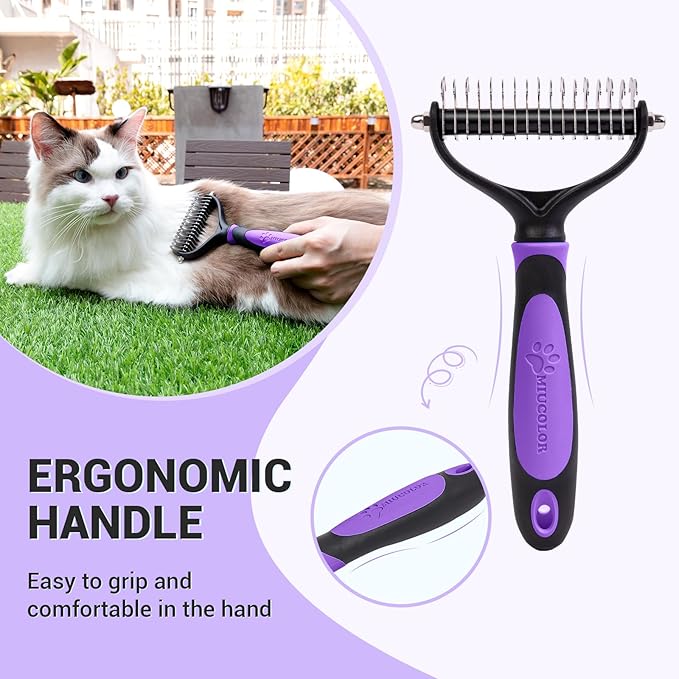 MIU COLOR Pet Grooming Brush, 2 Sided Undercoat Rake for Dogs & Cats, Professional Deshedding Brush and Dematting Tool, Effective Removing Knots, Mats, Tangles for Cats, Dogs, Extra Wide (Purple)
