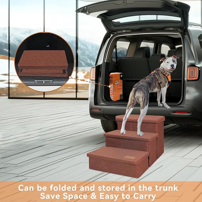 Dog Stairs with Storage 17.5" H, Dog Steps for High Beds, Folding Pet Stairs for Small Medium or Large Dogs Puppy for Bed and Couch, Dog Ramp for Car Hold Up to 200 lbs (Brown, 3 Steps with Condo)