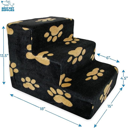 Best Pet Supplies Dog Stairs for Small Dogs & Cats, Foam Pet Steps Portable Ramp for Couch Sofa and High Bed Non-Slip Balanced Indoor Step Support, Paw Safe No Assembly - Paw Print on Black, 3-Step
