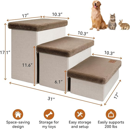 Dog Stairs with Furry Lids 17.5" H, 3-Step Wider Dog Steps with Storage for Small/Medium/Large Dogs Cats, Folding Sturdy Pet Stairs Climbing Bed or Sofa, Dog Ramp for Car Hold Up to 200 lbs, Khaki
