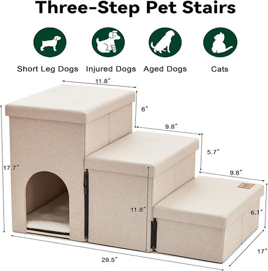 Love's cabin Dog Stairs for Small Medium or Large Dogs with Storage and Condo,Foldable Dog Steps for Bed or Couch,3-Step Gray Folding Cat Dog Ramp with Zip up to 210 lbs,Beige