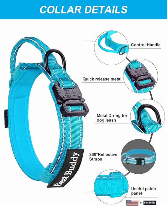 AUBELL Tactical Dog Collar and Leash Set, Adjustable Military Nylon Reflective Dog Leash and Collar with Handle and Heavy Metal Buckle for Medium Large Dogs, with Airtag Holder and 2 Patches(Blue, L)