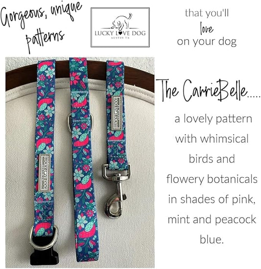 Lucky Love Dog, Whimsical Bird Martingale Dog Collar and Leash Set, Vivid Pink, Mint, Blue Flowers Medium No Slip Dog Collar - (M, Carriebelle Mart - Combo)