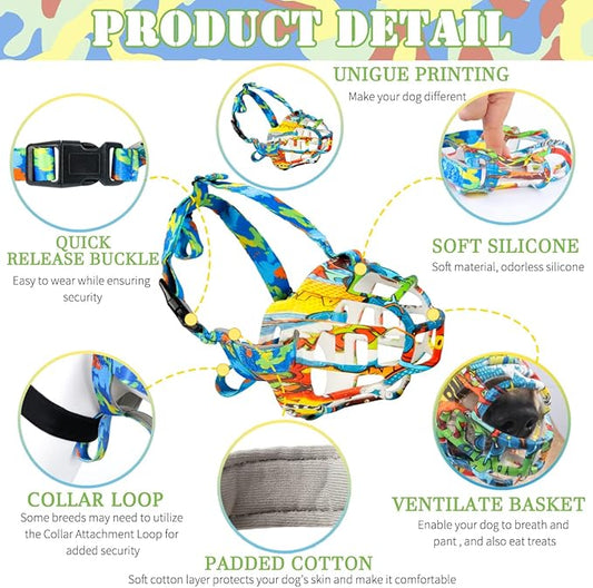 BARKLESS Dog Muzzle, Silicone Basket Muzzle for Small Medium Large Dogs, Soft Cage Muzzle Prevent Biting Chewing, Allow Drinking Panting, Suitable for German Shepherd Graffiti