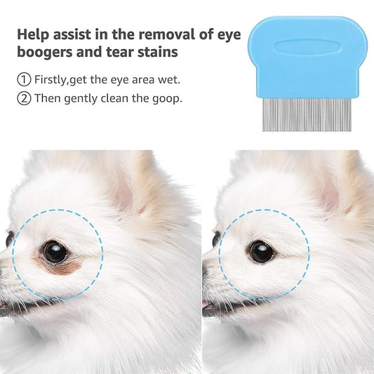 Flea Comb For Dogs & Cats Pet Comb Grooming Set 5 Pieces Metal Teeth Durable Remove Tear Stain Float Hair Combing tangled hair Dandruff Add Storage Pouch (Blue)