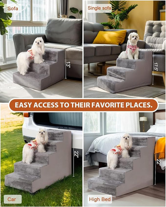 Dog Stairs for Small Dogs,22" 5-Step Pet Stairs for High Beds and Couches,Dog Steps with Non-Slip Bottom and High-Density Foam Indoor Outdoor,Grey
