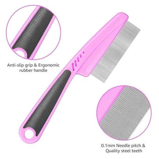 Flea Comb For Dogs & Cats Pet Comb Grooming Set 5 Pieces Metal Teeth Durable Remove Tear Stain Float Hair Combing tangled hair Dandruff Add Storage Pouch (pink)