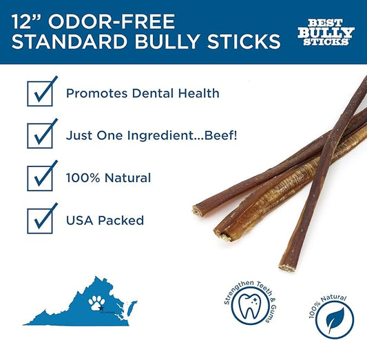 Best Bully Sticks 12 Inch Odor Free Bully Sticks for Dogs, 12 Pack - 100% Natural, Grass-Fed Beef, Easily Digestible Bully Bones, Grain and Rawhide Free, Odorless Dog Bully Sticks for Large Dogs
