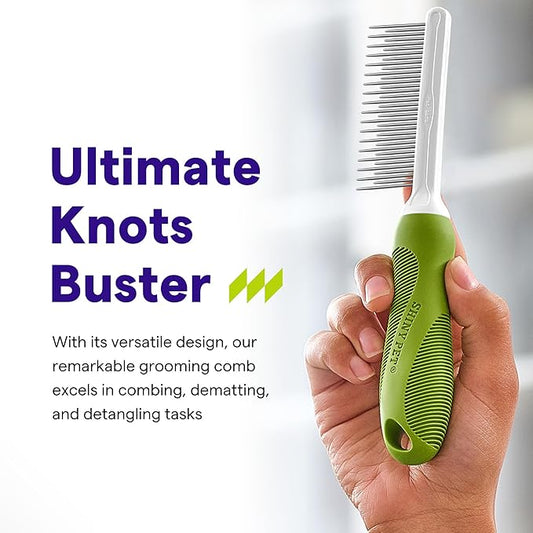 Detangling Pet Comb for Dogs & Cats - Detangler Grooming Tool with Long & Short Stainless Steel Metal Teeth for Dematting Matted Fur, Combing Out Knots, Removing Tangles from Undercoat - Ebook Guide