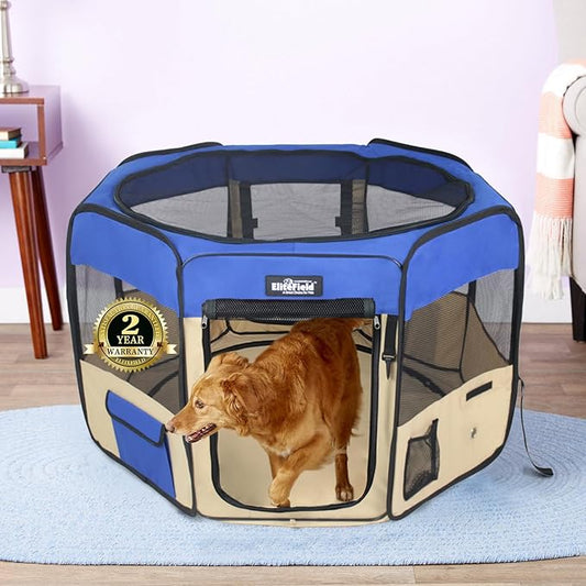 EliteField 2-Door Soft Pet Playpen (2 Year Warranty), Exercise Pen, Multiple Sizes and Colors Available for Dogs, Cats and Other Pets (62" x 62" x 36"H, Royal Blue+Beige)