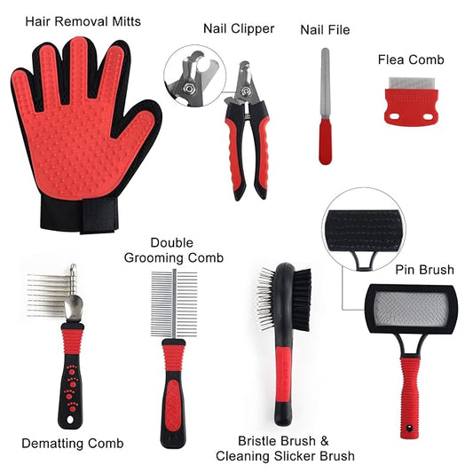 Wisedog Pet Grooming Kit - Pin & Bristle Brush, Slicker Brush, Dematting Tool, Nail Clipper, Hair Removal Mitts, Flea Comb for Dogs and Cats (Reddish-black)