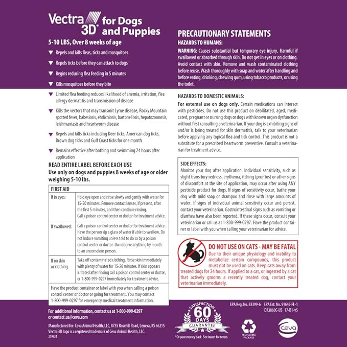 Vectra 3D for Dogs Flea, Tick & Mosquito Treatment & Prevention for Extra Small Dogs (5-10 lbs), 3 month supply