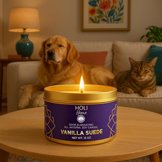 HOLI Pet Odor Eliminator Candle – Vanilla Suede Scent – All Natural Soy Wax, Paraben & Phthalate Free, Pet Safe, Long-Lasting 30-Hour Burn, Non-Toxic & Plastic-Free Air Freshener for Home