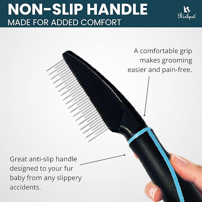 Detangling Pet Comb for Dogs & Cats - Soft On Skin with Stainless Steel Teeth for Removing Matted Fur, Knots & Tangles – Dog Grooming Comb for Long, Short & Curly Hairs
