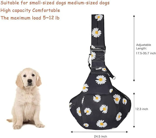 Petmolico Pet Dog Sling Carrier, Hands Free Pet Sling with Adjustable Padded Shoulder Strap Dog Cat Puppy Carrier Bag with Zipper Pocket for Subway Shopping Traveling, Black Daisy
