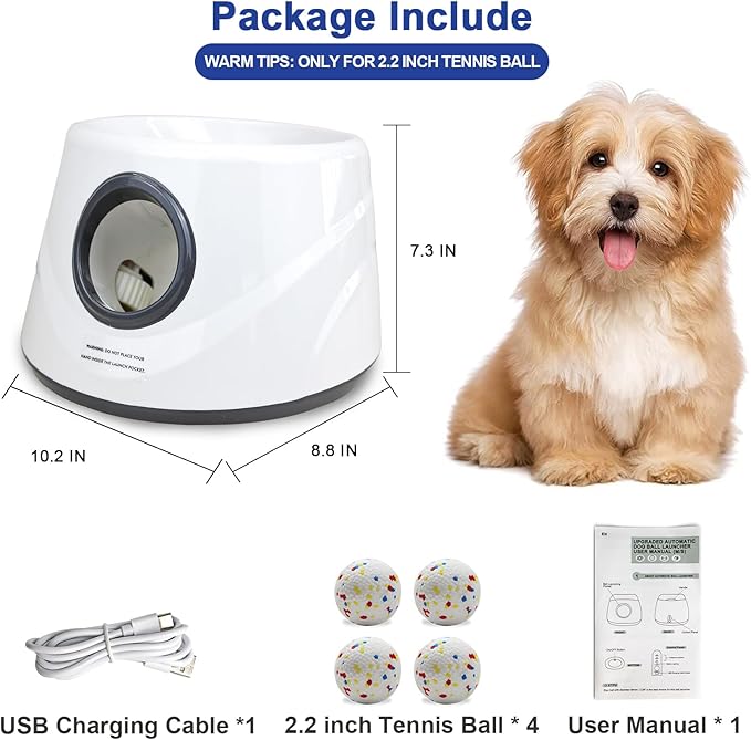 Compact Automatic Ball Launcher for Dogs with Random Mode, 3 Settings to 45FT, Rechargeable Small Dog Ball Thrower with 4 ETPU Tennis Balls for Small Medium Breeds