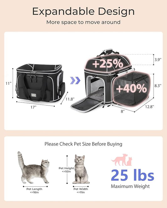 Expandable Pet Carrier: NOBLE DUCK Soft-Sided Cat Dog Carrier Airline Approved Small Medium Large Cats Dogs Portable Travel Carrier Up to 25 Lbs Black