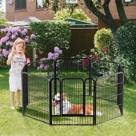 PawGiant Dog Fence Playpen 32” Indoor Outdoor for Small/Medium/Large Dogs, Metal Pet Puppy Cat Exercise Fencing Gate Crate Cage Outside RV, Camping, Yard, Garden