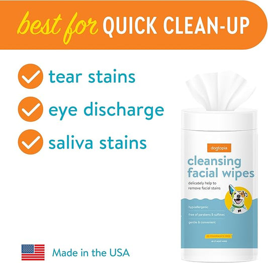 Cleansing Facial Wipes for Pets | Convenient Face Cleaning Wipes (60 Count) for Dogs and Cats | Hypoallergenic, Fragrance-Free, Remove Eye Discharge and Tear Stains