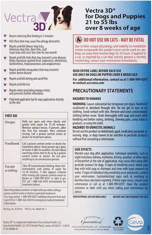Vectra 3D for Dogs Flea, Tick & Mosquito Treatment & Prevention for Medium Dogs (21 – 55 lbs), 6 Month Supply (Pack of 12)
