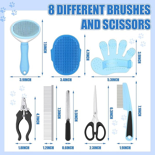 Yaomiao Pet Grooming Brush Kit, Includes 9 Pcs Self Cleaning Slicker, Dog Brush Shedding and Flea Comb, Nail Clippers and File, with Adjustable Strap Scissors, Bright Color